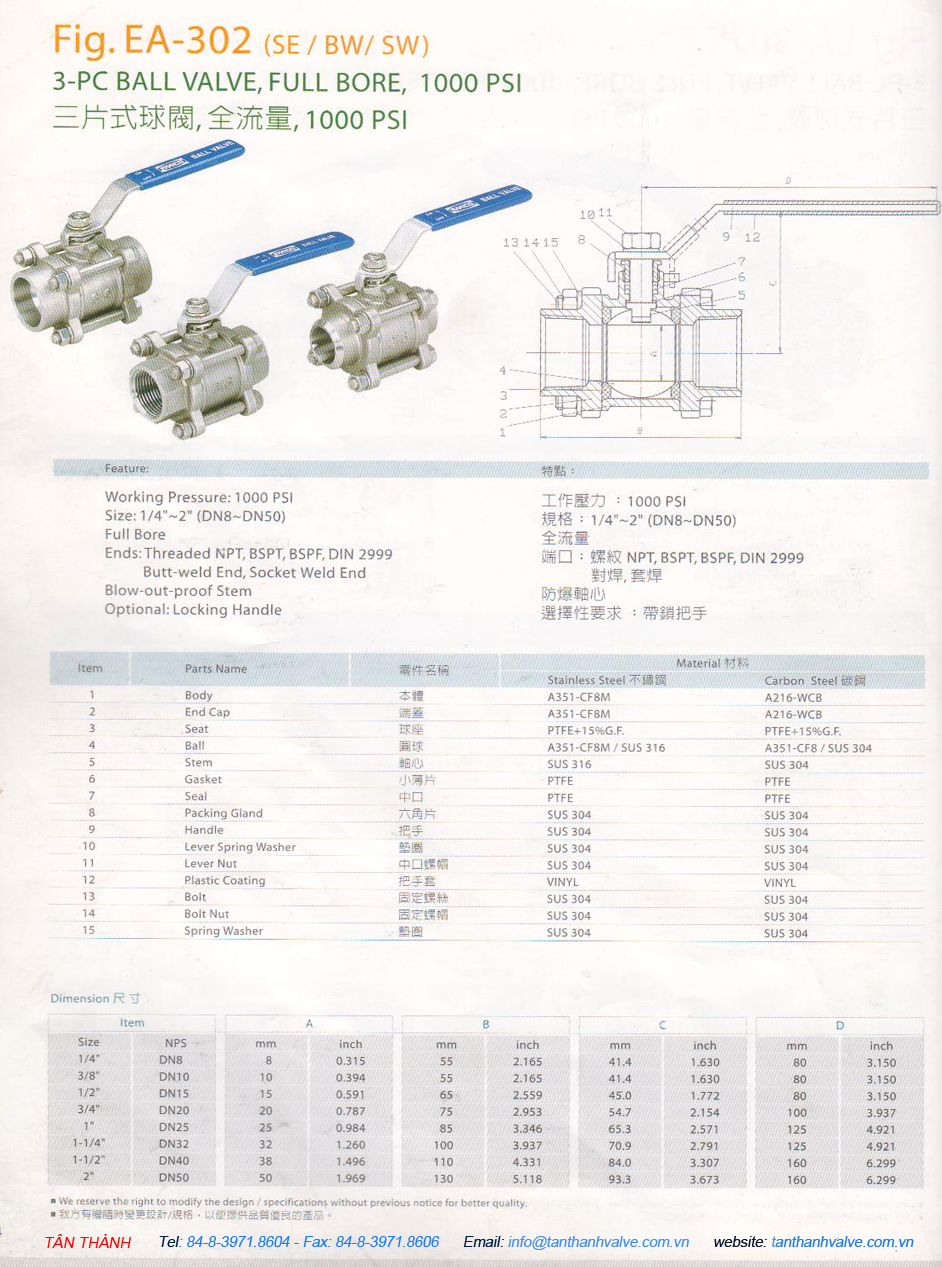 VAN BI 3 MẢNH TAY GẠT NỐI HÀN INOX 316-304