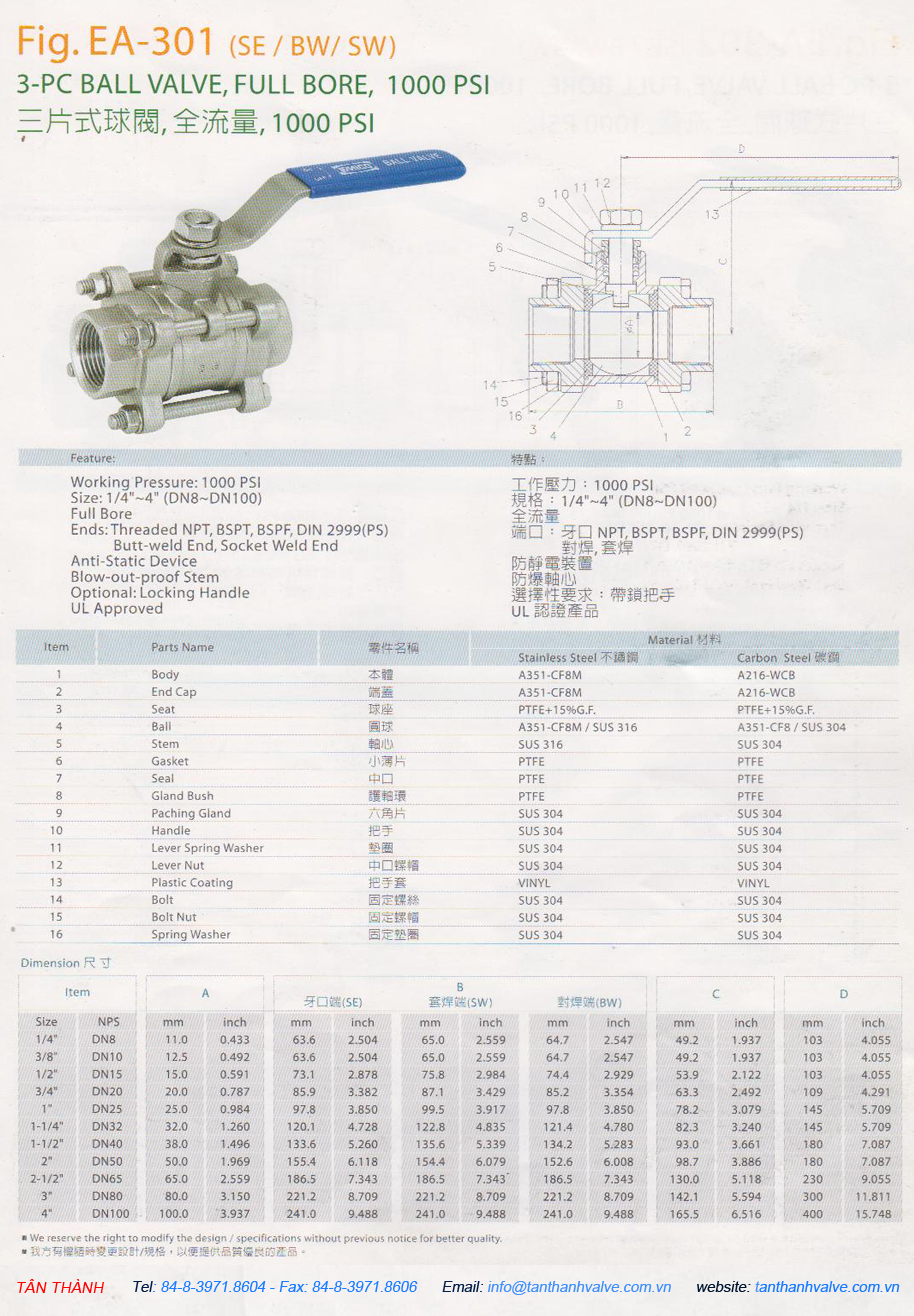 VAN BI 3 MẢNH TAY GẠY NỐI REN INOX 316-304