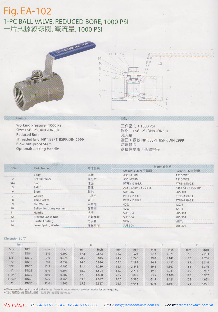 VAN BI TAY GẠT 1 MẢNH NỐI REN INOX 316-304