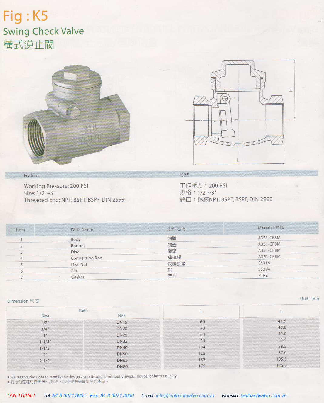 VAN 1 CHIỀU NỐI REN INOX 316 - 304 